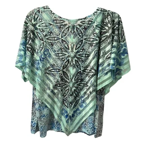 One World blouse Sz 2X Blue & Green Printed Top with overlay part blouse. NWT - Picture 10 of 11